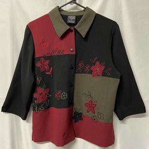 Allison Daley Blouse Jacket Top Size 8 Burgundy Green Black